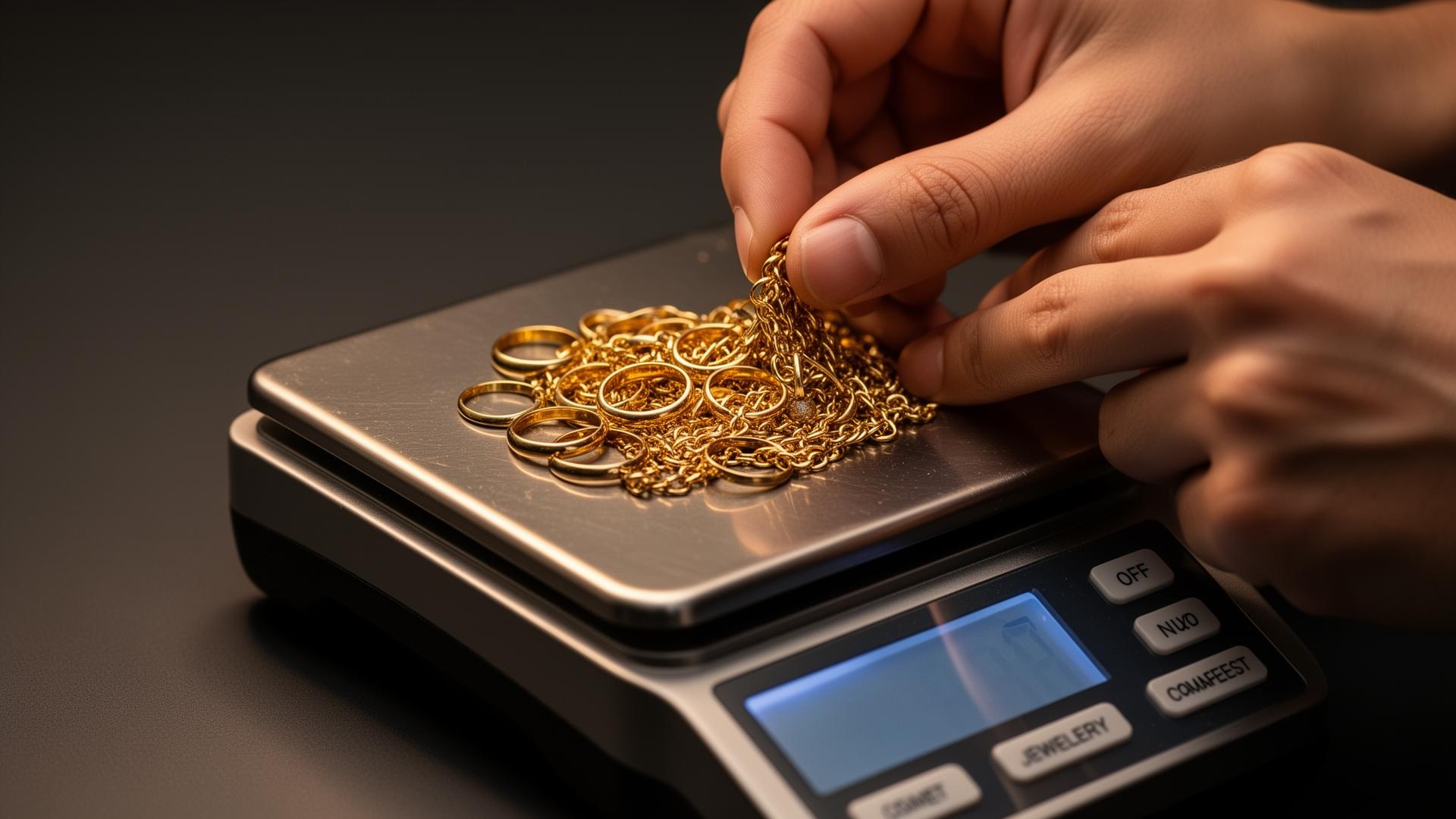 Jeweller weighing gold rings and chains on a precision scale at Warrington Gold